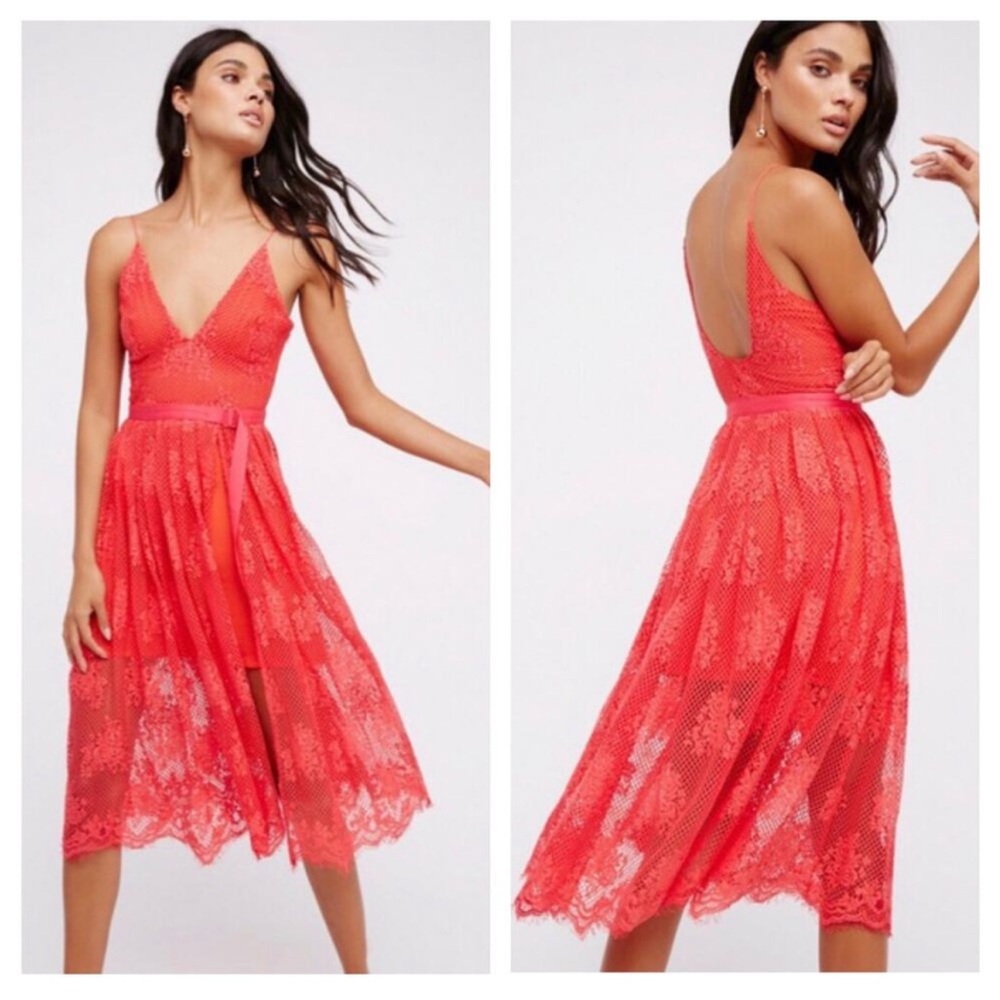 Free people match point pink sheer belted lace dress
